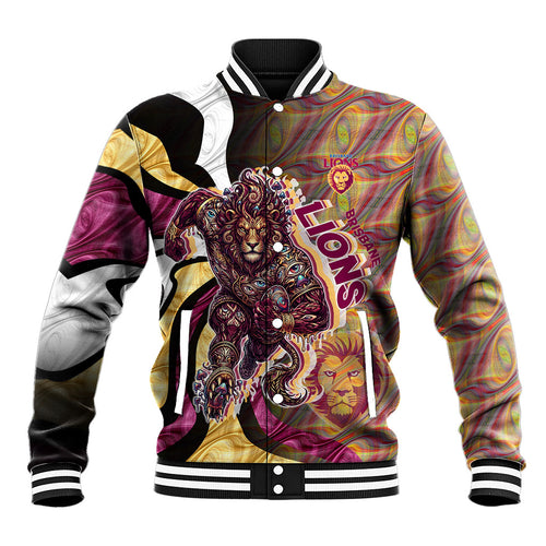 Personalised Brisbane Lions Baseball Jacket Trippy Psychedelic Abstract Art Mascot Football Fans