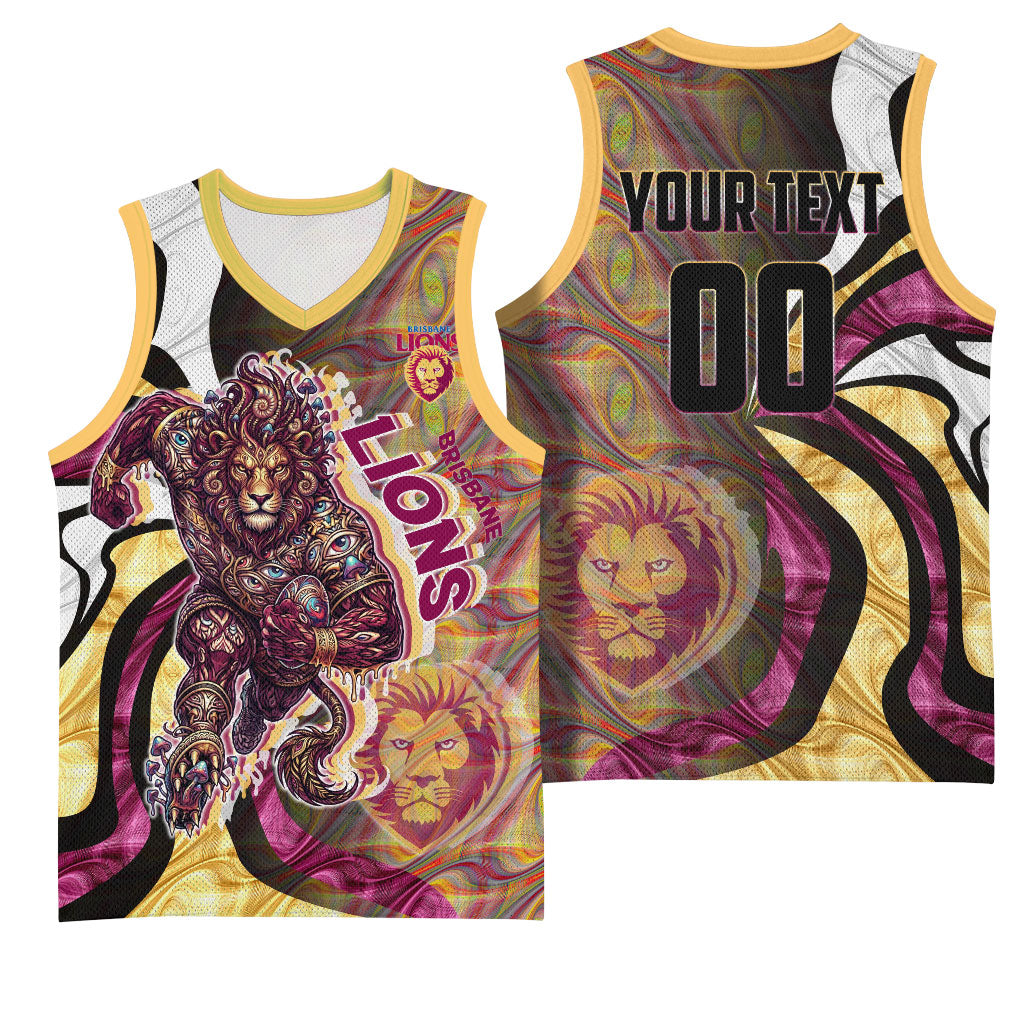 Personalised Brisbane Lions Basketball Jersey Trippy Psychedelic Abstract Art Mascot Football Fans