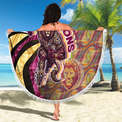 Personalised Brisbane Lions Beach Blanket Trippy Psychedelic Abstract Art Mascot Football Fans