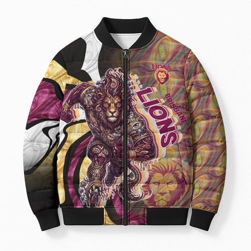Personalised Brisbane Lions Bomber Puffer Jacket Trippy Psychedelic Abstract Art Mascot Football Fans