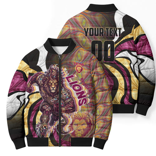 Personalised Brisbane Lions Bomber Puffer Jacket Trippy Psychedelic Abstract Art Mascot Football Fans