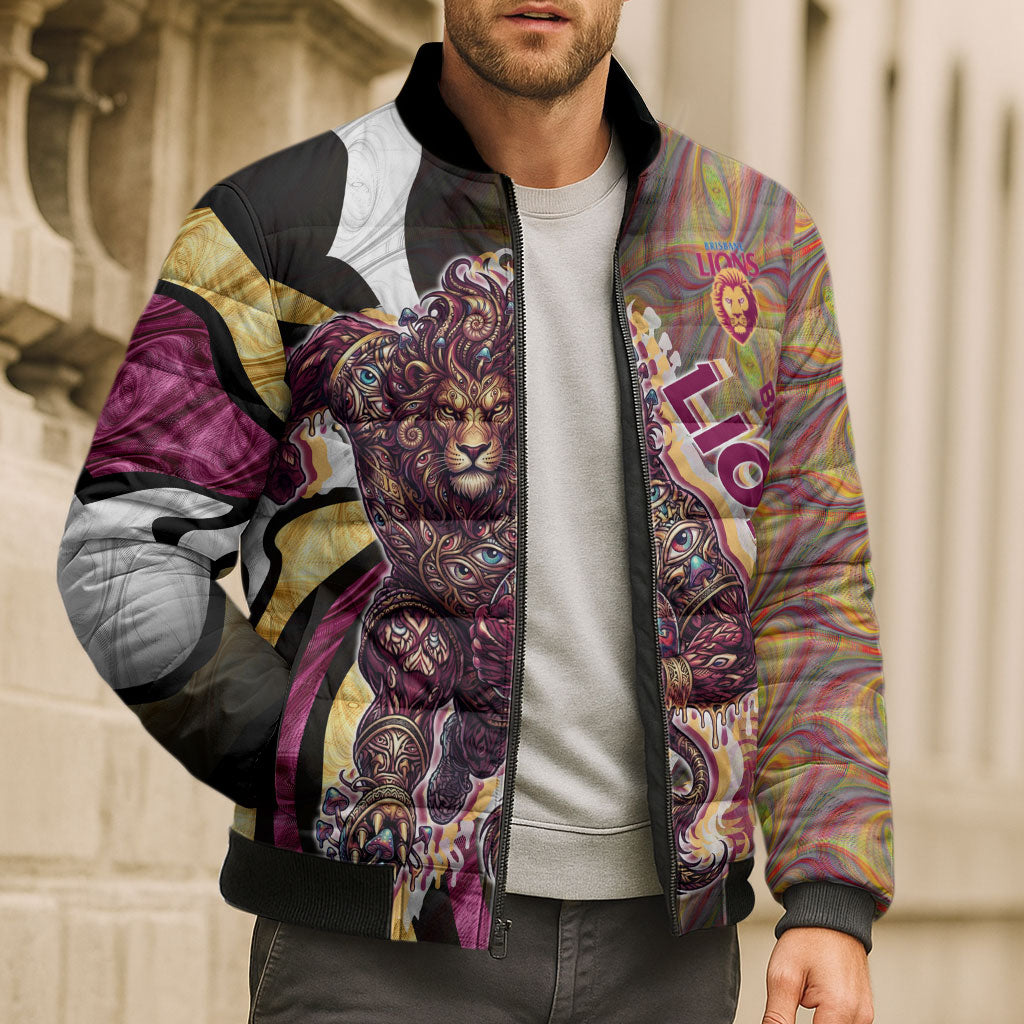 Personalised Brisbane Lions Bomber Puffer Jacket Trippy Psychedelic Abstract Art Mascot Football Fans