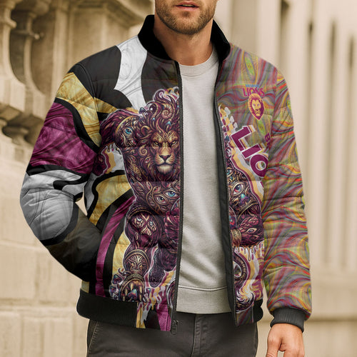 Personalised Brisbane Lions Bomber Puffer Jacket Trippy Psychedelic Abstract Art Mascot Football Fans
