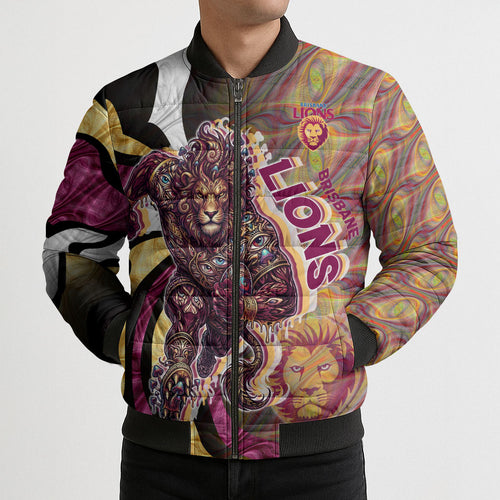 Personalised Brisbane Lions Bomber Puffer Jacket Trippy Psychedelic Abstract Art Mascot Football Fans