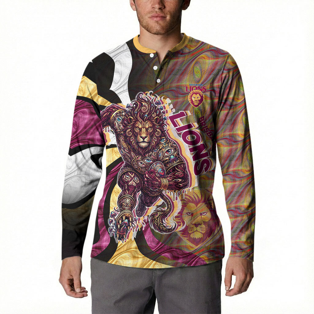 Personalised Brisbane Lions Button Sweatshirt Trippy Psychedelic Abstract Art Mascot Football Fans