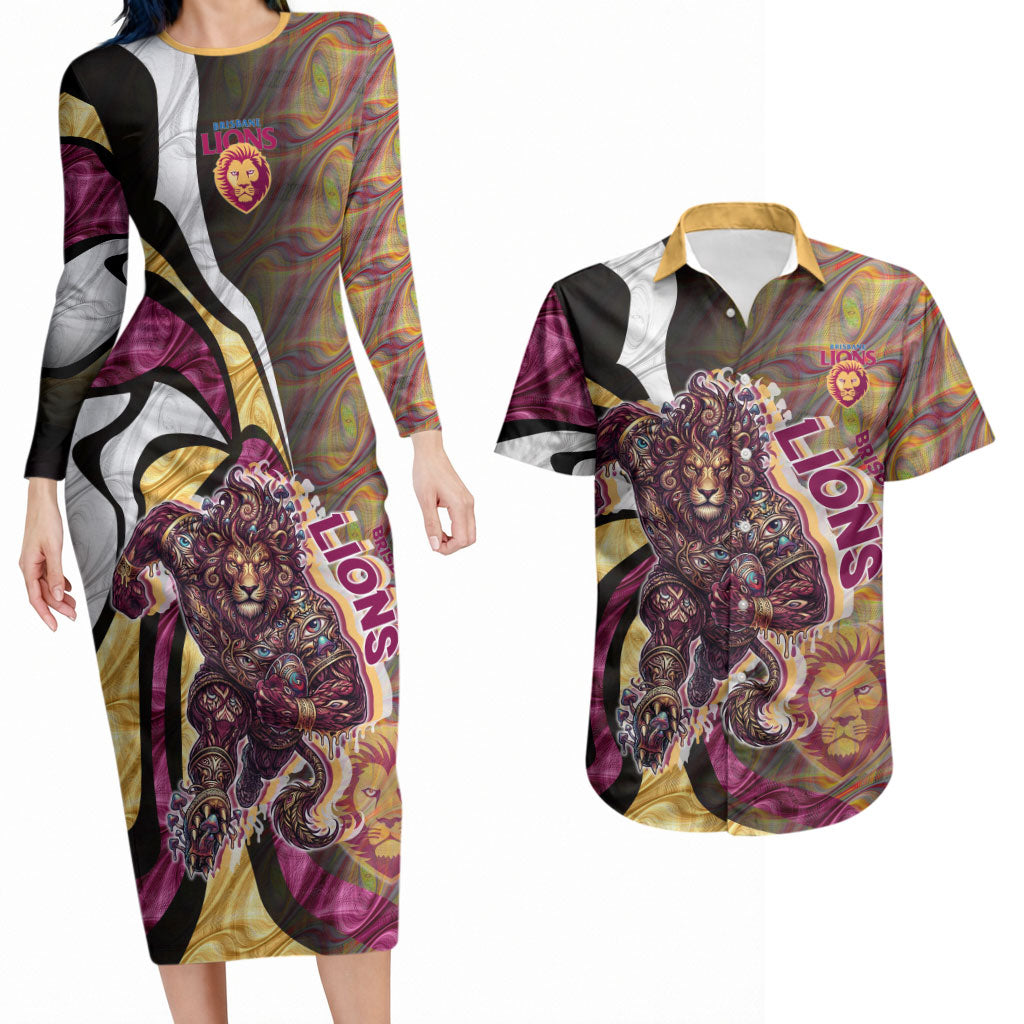 Personalised Brisbane Lions Couples Matching Long Sleeve Bodycon Dress and Hawaiian Shirt Trippy Psychedelic Abstract Art Mascot Football Fans