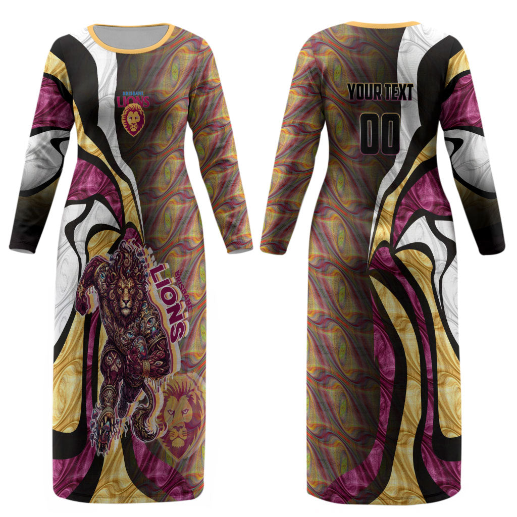 Personalised Brisbane Lions Couples Matching Long Sleeve Bodycon Dress and Hawaiian Shirt Trippy Psychedelic Abstract Art Mascot Football Fans