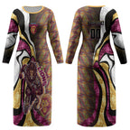 Personalised Brisbane Lions Couples Matching Long Sleeve Bodycon Dress and Hawaiian Shirt Trippy Psychedelic Abstract Art Mascot Football Fans