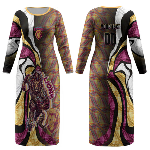 Personalised Brisbane Lions Couples Matching Long Sleeve Bodycon Dress and Hawaiian Shirt Trippy Psychedelic Abstract Art Mascot Football Fans
