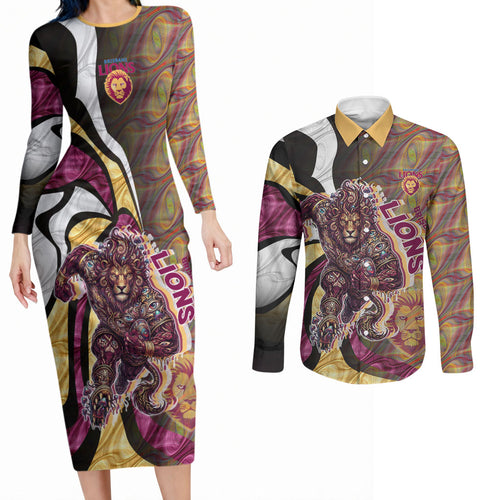 Personalised Brisbane Lions Couples Matching Long Sleeve Bodycon Dress and Long Sleeve Button Shirt Trippy Psychedelic Abstract Art Mascot Football Fans