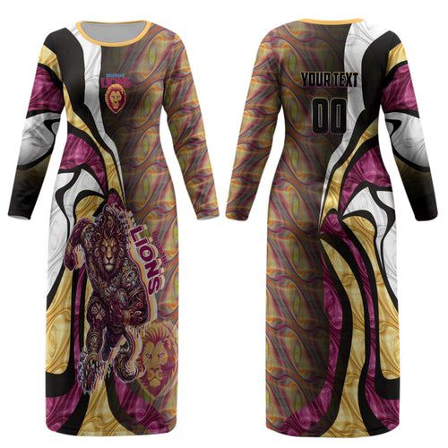 Personalised Brisbane Lions Couples Matching Long Sleeve Bodycon Dress and Long Sleeve Button Shirt Trippy Psychedelic Abstract Art Mascot Football Fans