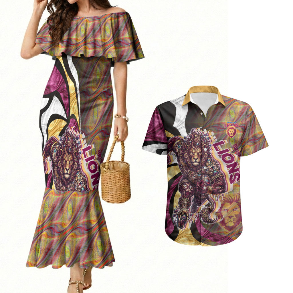 Personalised Brisbane Lions Couples Matching Mermaid Dress and Hawaiian Shirt Trippy Psychedelic Abstract Art Mascot Football Fans