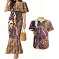 Personalised Brisbane Lions Couples Matching Mermaid Dress and Hawaiian Shirt Trippy Psychedelic Abstract Art Mascot Football Fans