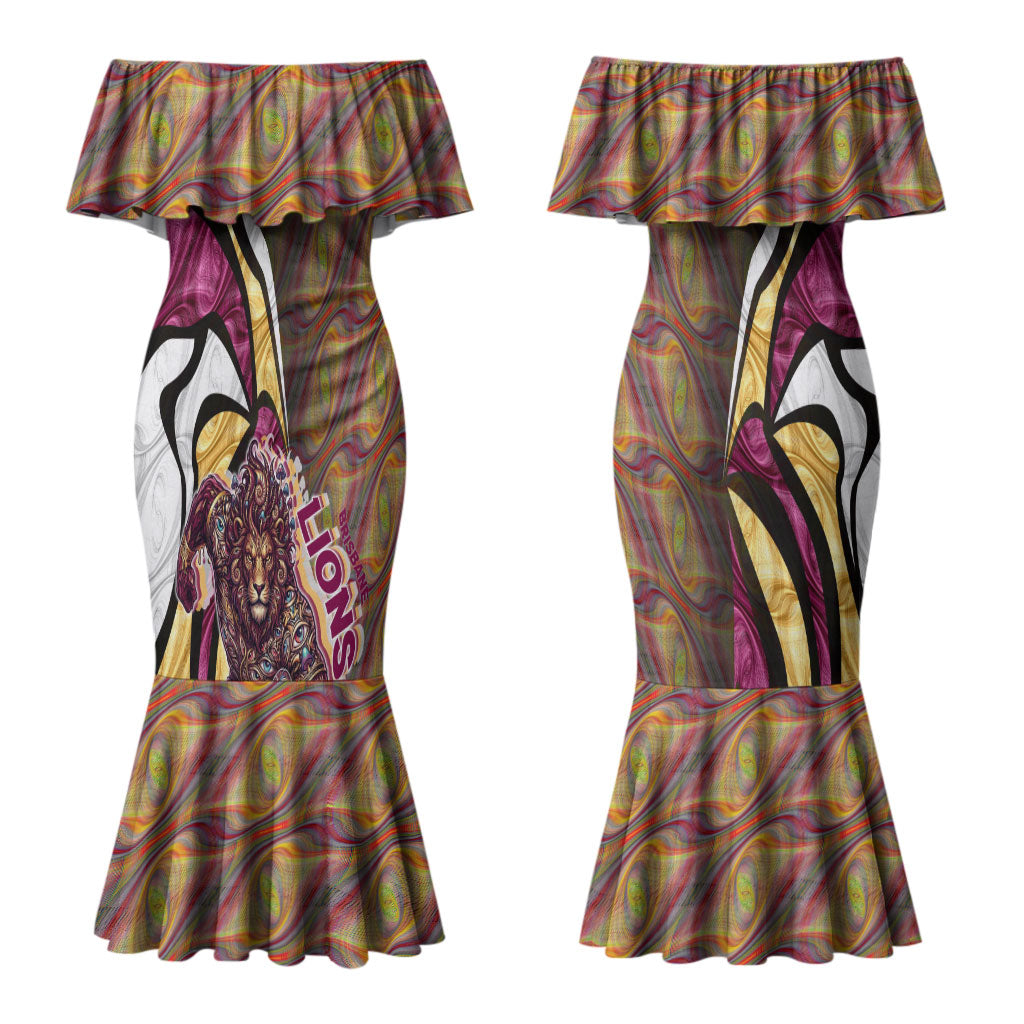 Personalised Brisbane Lions Couples Matching Mermaid Dress and Hawaiian Shirt Trippy Psychedelic Abstract Art Mascot Football Fans