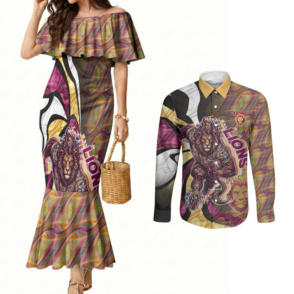 Personalised Brisbane Lions Couples Matching Mermaid Dress and Long Sleeve Button Shirt Trippy Psychedelic Abstract Art Mascot Football Fans