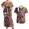 Personalised Brisbane Lions Couples Matching Off Shoulder Maxi Dress and Hawaiian Shirt Trippy Psychedelic Abstract Art Mascot Football Fans