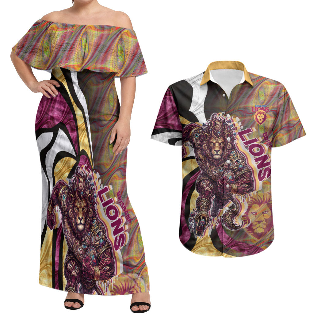 Personalised Brisbane Lions Couples Matching Off Shoulder Maxi Dress and Hawaiian Shirt Trippy Psychedelic Abstract Art Mascot Football Fans