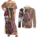 Personalised Brisbane Lions Couples Matching Off Shoulder Maxi Dress and Long Sleeve Button Shirt Trippy Psychedelic Abstract Art Mascot Football Fans