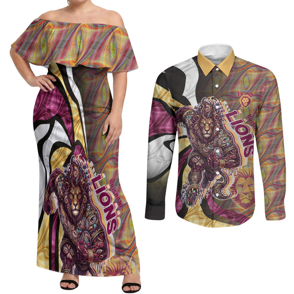 Personalised Brisbane Lions Couples Matching Off Shoulder Maxi Dress and Long Sleeve Button Shirt Trippy Psychedelic Abstract Art Mascot Football Fans