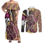 Personalised Brisbane Lions Couples Matching Off Shoulder Maxi Dress and Long Sleeve Button Shirt Trippy Psychedelic Abstract Art Mascot Football Fans