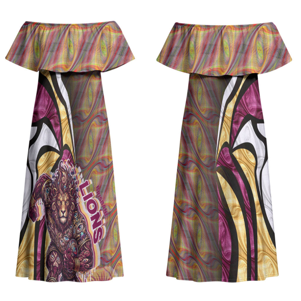 Personalised Brisbane Lions Couples Matching Off Shoulder Maxi Dress and Long Sleeve Button Shirt Trippy Psychedelic Abstract Art Mascot Football Fans