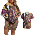 Personalised Brisbane Lions Couples Matching Off Shoulder Short Dress and Hawaiian Shirt Trippy Psychedelic Abstract Art Mascot Football Fans