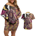 Personalised Brisbane Lions Couples Matching Off Shoulder Short Dress and Hawaiian Shirt Trippy Psychedelic Abstract Art Mascot Football Fans