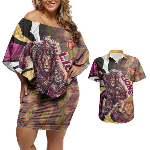 Personalised Brisbane Lions Couples Matching Off Shoulder Short Dress and Hawaiian Shirt Trippy Psychedelic Abstract Art Mascot Football Fans