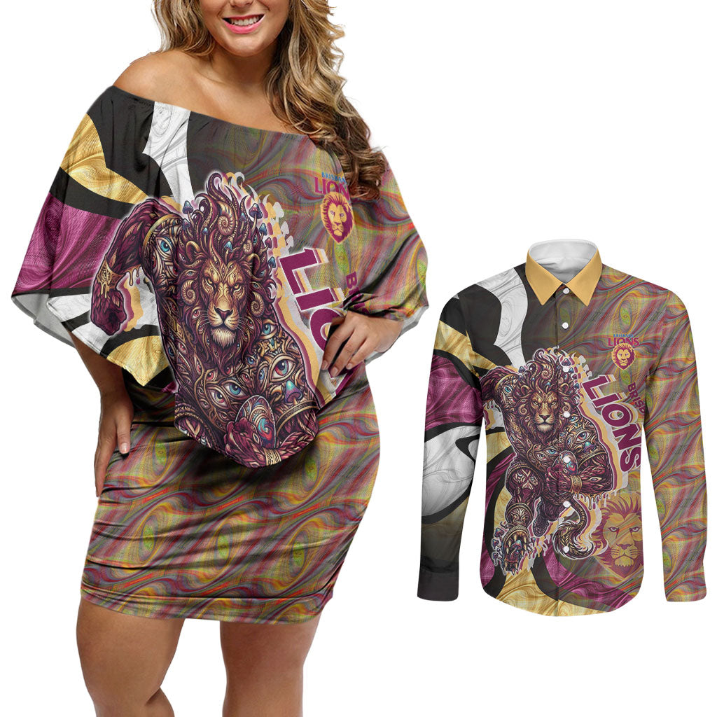 Personalised Brisbane Lions Couples Matching Off Shoulder Short Dress and Long Sleeve Button Shirt Trippy Psychedelic Abstract Art Mascot Football Fans