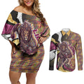 Personalised Brisbane Lions Couples Matching Off Shoulder Short Dress and Long Sleeve Button Shirt Trippy Psychedelic Abstract Art Mascot Football Fans