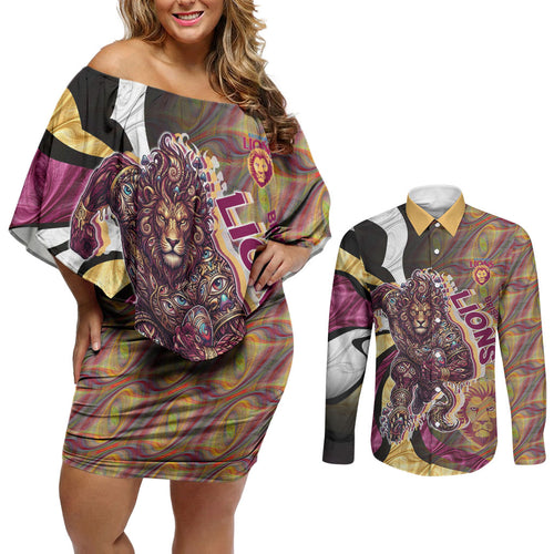 Personalised Brisbane Lions Couples Matching Off Shoulder Short Dress and Long Sleeve Button Shirt Trippy Psychedelic Abstract Art Mascot Football Fans