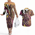 Personalised Brisbane Lions Couples Matching Off The Shoulder Long Sleeve Dress and Hawaiian Shirt Trippy Psychedelic Abstract Art Mascot Football Fans