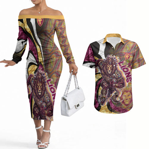 Personalised Brisbane Lions Couples Matching Off The Shoulder Long Sleeve Dress and Hawaiian Shirt Trippy Psychedelic Abstract Art Mascot Football Fans