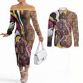 Personalised Brisbane Lions Couples Matching Off The Shoulder Long Sleeve Dress and Long Sleeve Button Shirt Trippy Psychedelic Abstract Art Mascot Football Fans