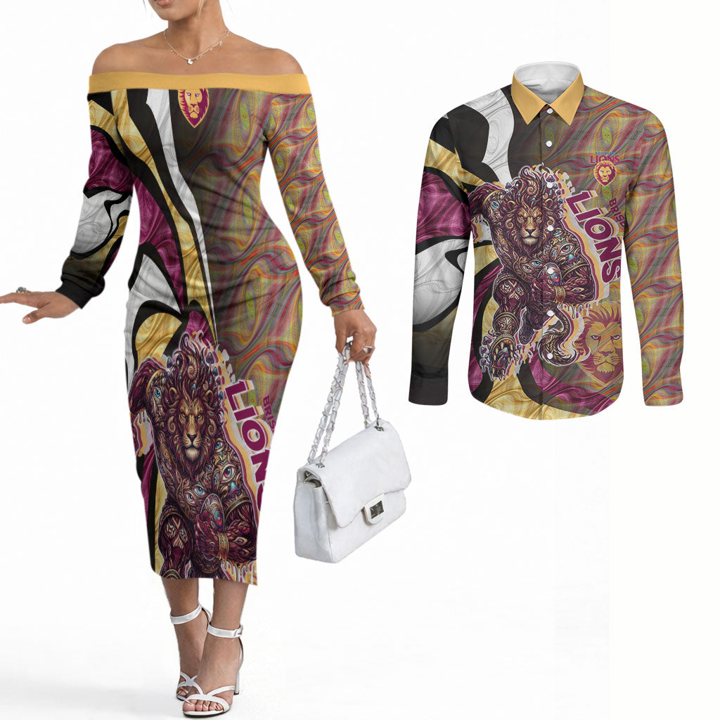 Personalised Brisbane Lions Couples Matching Off The Shoulder Long Sleeve Dress and Long Sleeve Button Shirt Trippy Psychedelic Abstract Art Mascot Football Fans