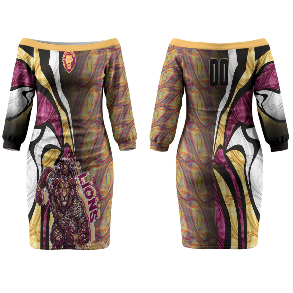 Personalised Brisbane Lions Couples Matching Off The Shoulder Long Sleeve Dress and Long Sleeve Button Shirt Trippy Psychedelic Abstract Art Mascot Football Fans