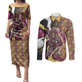 Personalised Brisbane Lions Couples Matching Puletasi and Long Sleeve Button Shirt Trippy Psychedelic Abstract Art Mascot Football Fans
