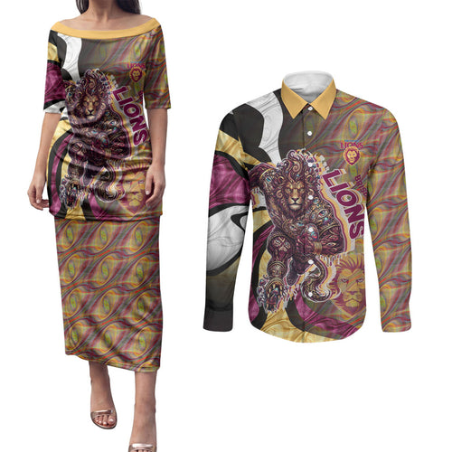Personalised Brisbane Lions Couples Matching Puletasi and Long Sleeve Button Shirt Trippy Psychedelic Abstract Art Mascot Football Fans