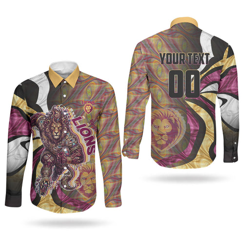 Personalised Brisbane Lions Couples Matching Puletasi and Long Sleeve Button Shirt Trippy Psychedelic Abstract Art Mascot Football Fans