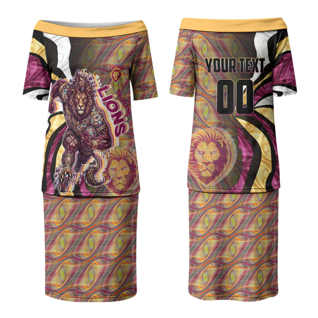 Personalised Brisbane Lions Couples Matching Puletasi and Long Sleeve Button Shirt Trippy Psychedelic Abstract Art Mascot Football Fans