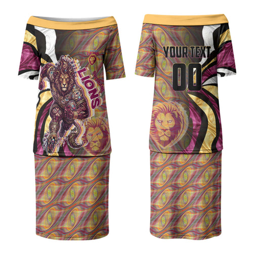 Personalised Brisbane Lions Couples Matching Puletasi and Long Sleeve Button Shirt Trippy Psychedelic Abstract Art Mascot Football Fans