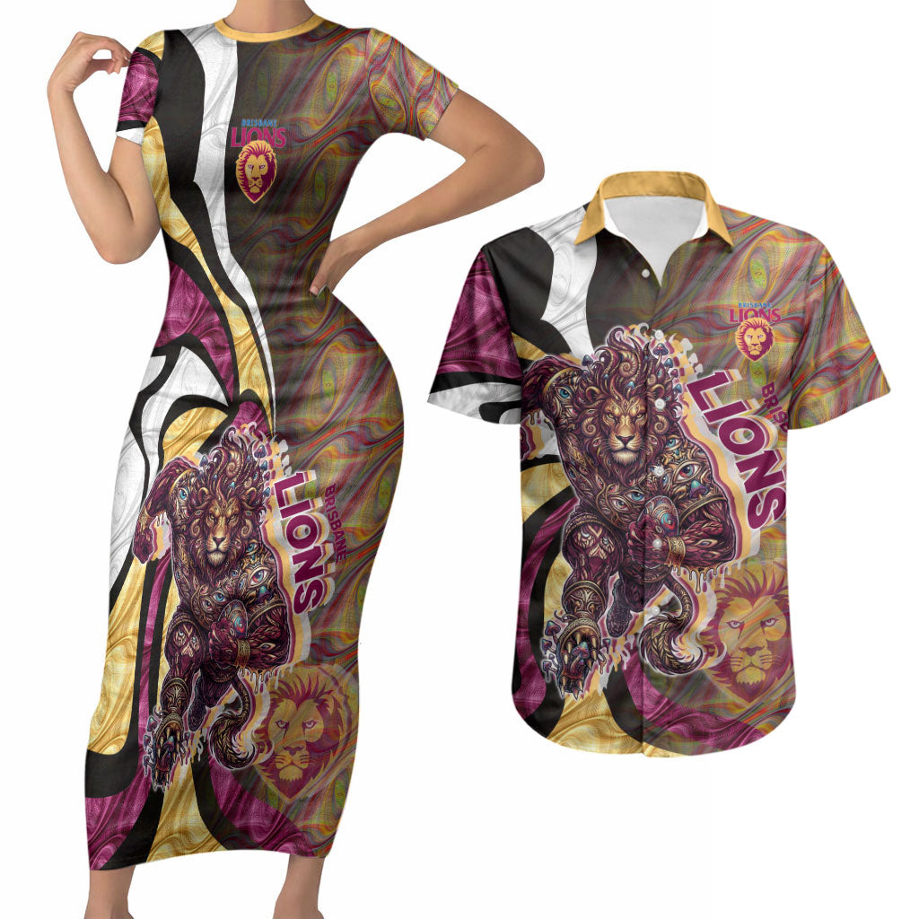Personalised Brisbane Lions Couples Matching Short Sleeve Bodycon Dress and Hawaiian Shirt Trippy Psychedelic Abstract Art Mascot Football Fans