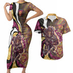 Personalised Brisbane Lions Couples Matching Short Sleeve Bodycon Dress and Hawaiian Shirt Trippy Psychedelic Abstract Art Mascot Football Fans