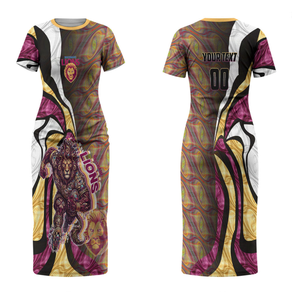 Personalised Brisbane Lions Couples Matching Short Sleeve Bodycon Dress and Hawaiian Shirt Trippy Psychedelic Abstract Art Mascot Football Fans