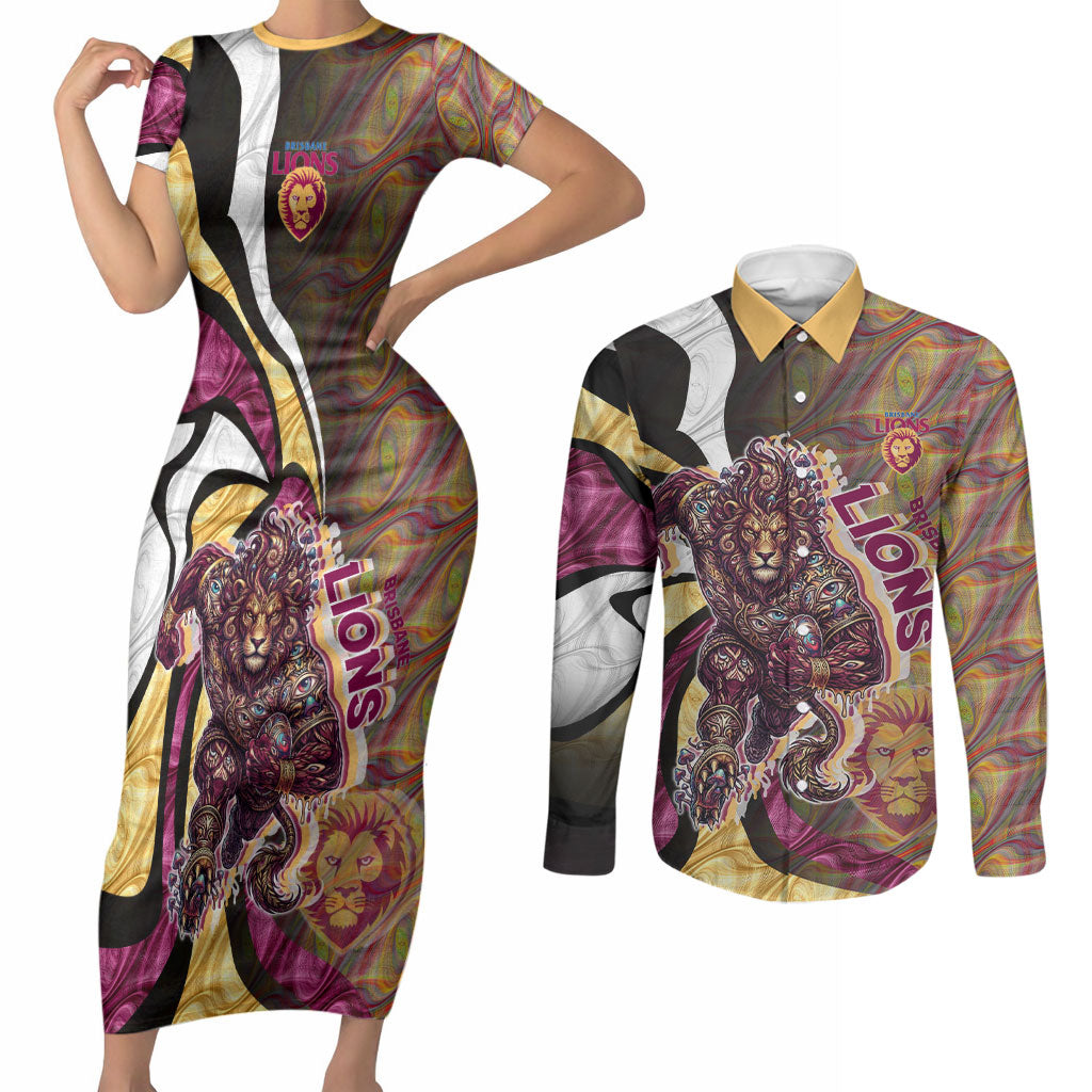 Personalised Brisbane Lions Couples Matching Short Sleeve Bodycon Dress and Long Sleeve Button Shirt Trippy Psychedelic Abstract Art Mascot Football Fans
