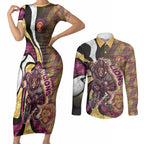 Personalised Brisbane Lions Couples Matching Short Sleeve Bodycon Dress and Long Sleeve Button Shirt Trippy Psychedelic Abstract Art Mascot Football Fans