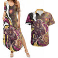 Personalised Brisbane Lions Couples Matching Summer Maxi Dress and Hawaiian Shirt Trippy Psychedelic Abstract Art Mascot Football Fans