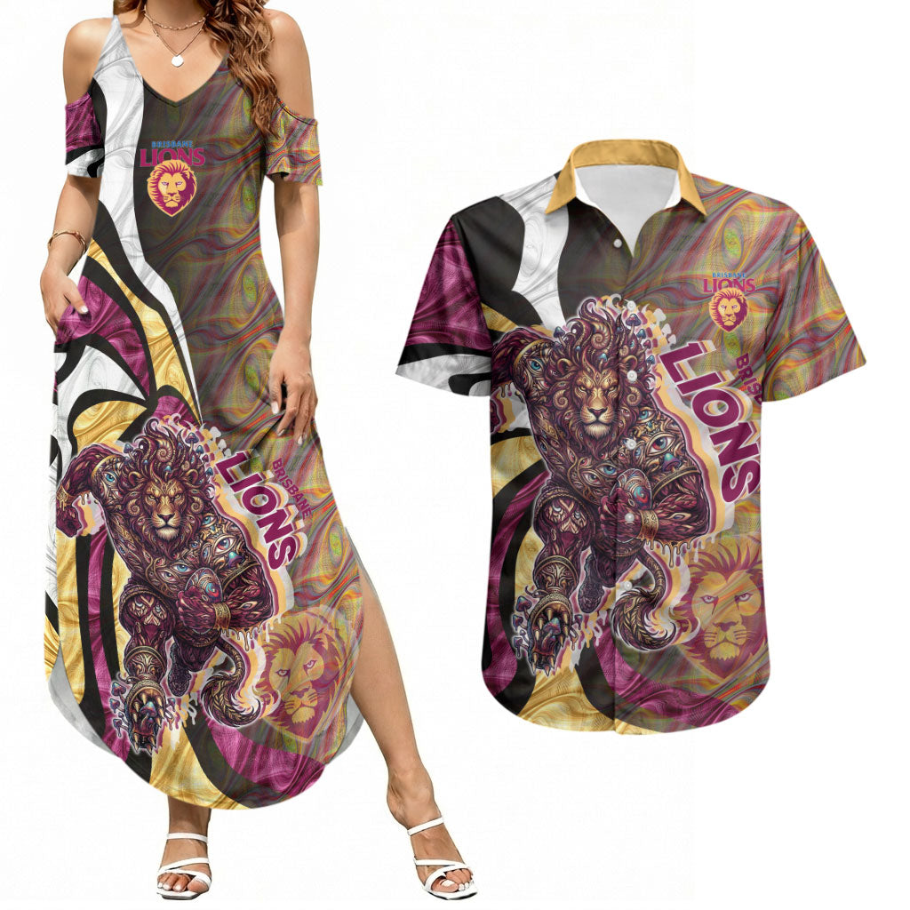 Personalised Brisbane Lions Couples Matching Summer Maxi Dress and Hawaiian Shirt Trippy Psychedelic Abstract Art Mascot Football Fans