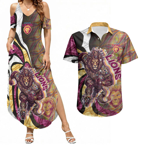 Personalised Brisbane Lions Couples Matching Summer Maxi Dress and Hawaiian Shirt Trippy Psychedelic Abstract Art Mascot Football Fans