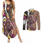 Personalised Brisbane Lions Couples Matching Summer Maxi Dress and Long Sleeve Button Shirt Trippy Psychedelic Abstract Art Mascot Football Fans